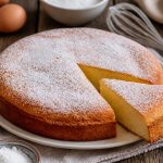Gâteau de Savoie moelleux et doré sur un plat en céramique blanche, saupoudré de sucre glace, mie aérienne visible en coupe, fond bois clair