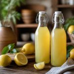 Concentré de citronnade maison en bouteille en verre sur un plan de travail en bois, entouré de citrons frais coupés en deux et de zestes, lumière naturelle