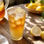 Verre long rempli d'Arnold Palmer maison, mélange de thé glacé et de citronnade, avec des glaçons, une rondelle de citron et quelques feuilles de menthe fraîche, sur fond de bois clair en pleine lumière naturelle
