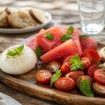 Planche apéro estivale avec tomates, pastèque et fromages frais