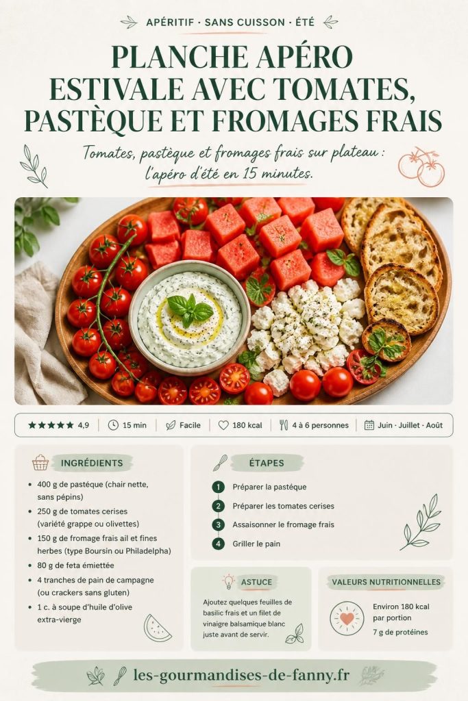 Planche apéro estivale tomates cerises pastèque fromages frais sur plateau en bois