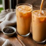 Thé glacé noir au lait onctueux servi dans un grand verre avec des glaçons, une paille et un filet de lait qui se mélange au thé ambré