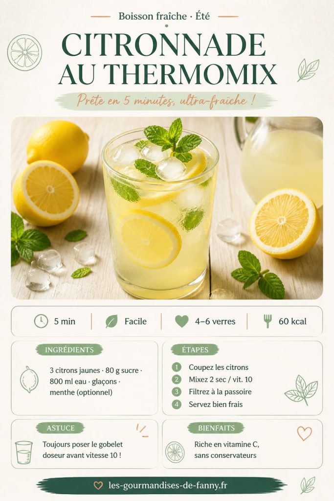 Citronnade maison au Thermomix dans un grand verre avec glaçons et menthe, recette express en 5 minutes