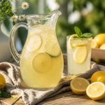 Pichet de limonade maison avec des rondelles de citron, des glaçons et des feuilles de menthe fraîche, servi sur une table en bois en été
