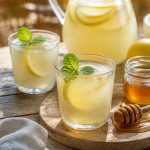 Limonade maison sans sucre blanc dans un grand verre avec des rondelles de citron, des feuilles de menthe fraîche et des glaçons, sur une table en bois clair