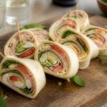 Wraps apéritifs façon club sandwich coupés en bouchées, présentés sur un plateau avec des piques en bois