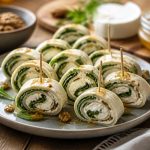 Wraps apéritifs végétariens au chèvre frais, miel et noix croquantes, découpés en tronçons et dressés sur une planche en bois